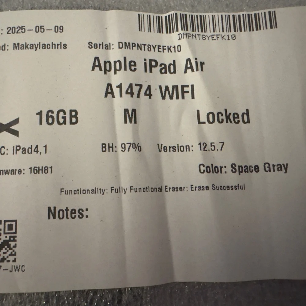 Apple iPad Air A1474 16GB LOCKED Space Gray. 9” X 6.5”